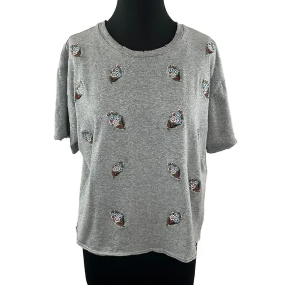 REBECCA MINKOFF Floral Embroidered T-Shirt Top Tee Gray Cotton Crewneck Size L - Picture 1 of 9